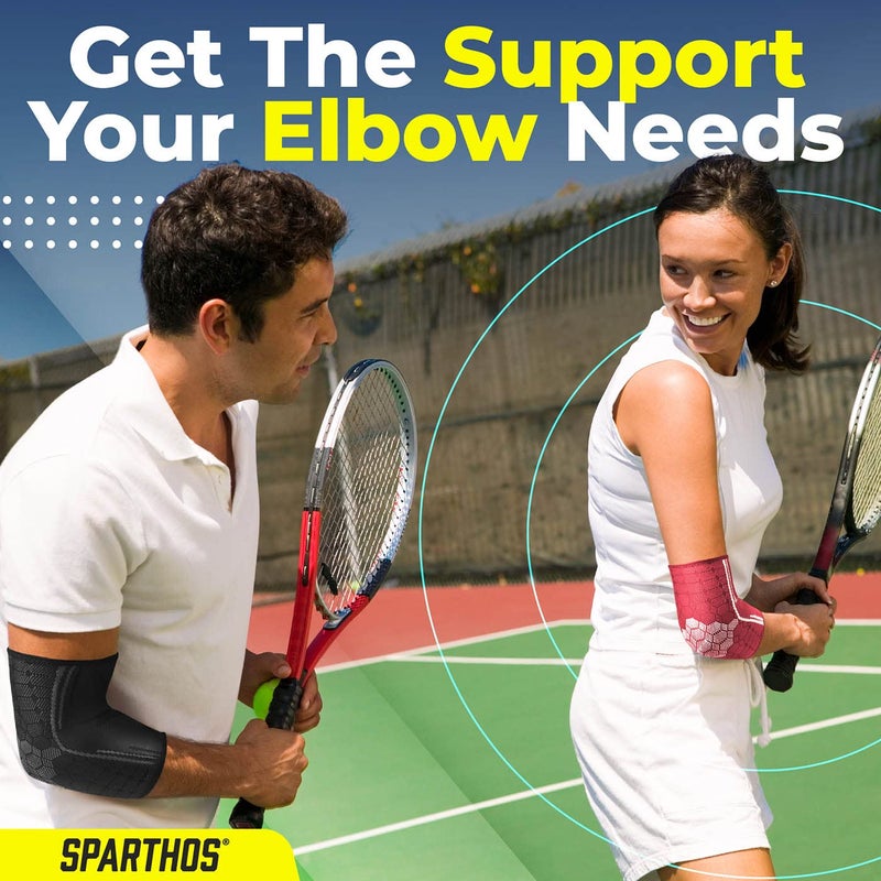 Sparthos Elbow Compression Sleeve (Pair) â€“ Tendonitis Elbow Brace Golfer's Tennis Elbow Support for Men and Women â€“ Arthritis Bursitis Treatment Youth Kids Athletic Sport Basketball (Black-M) - Image 3